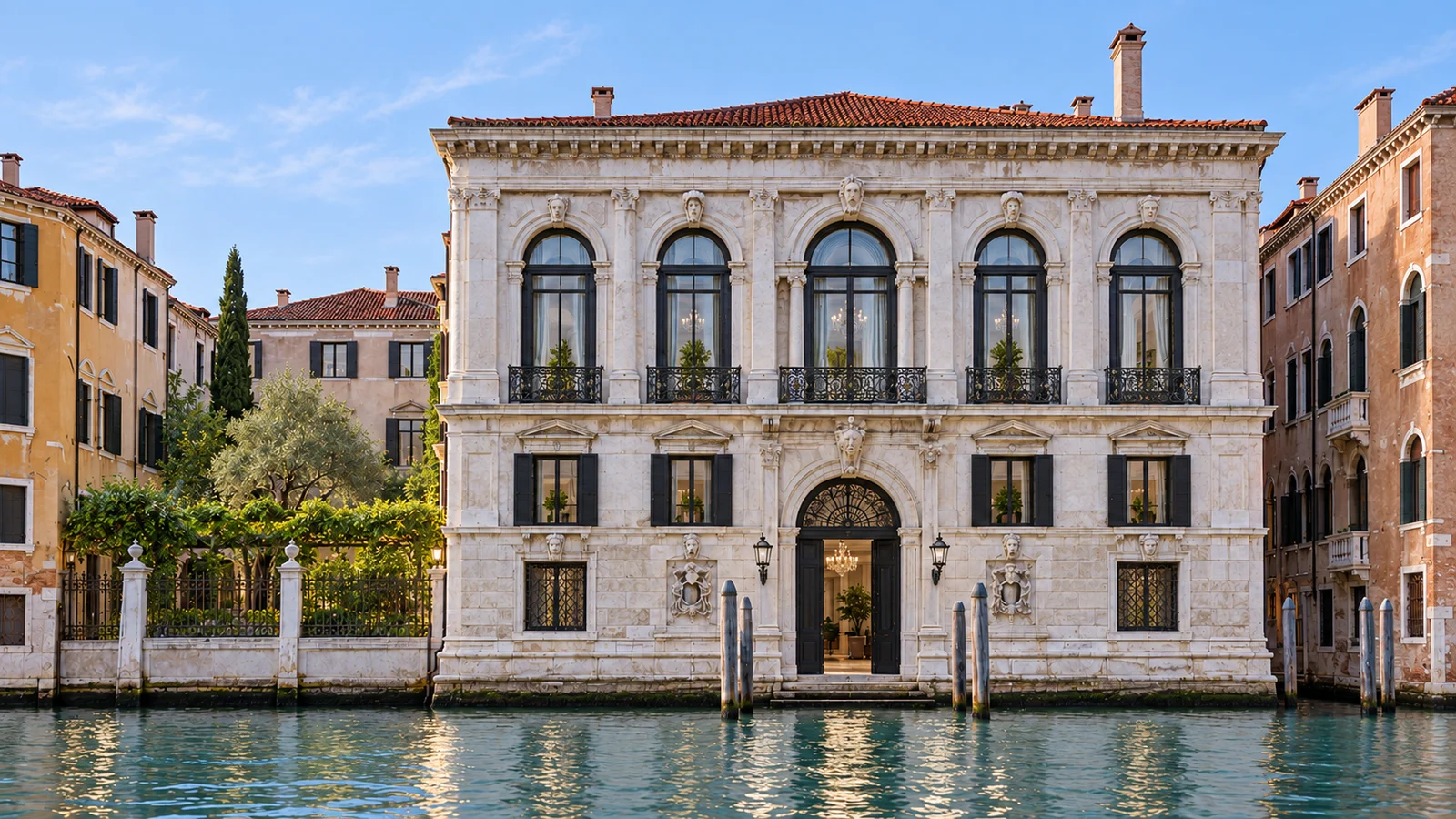 The pale stone palazzo beside a quiet Venetian canal