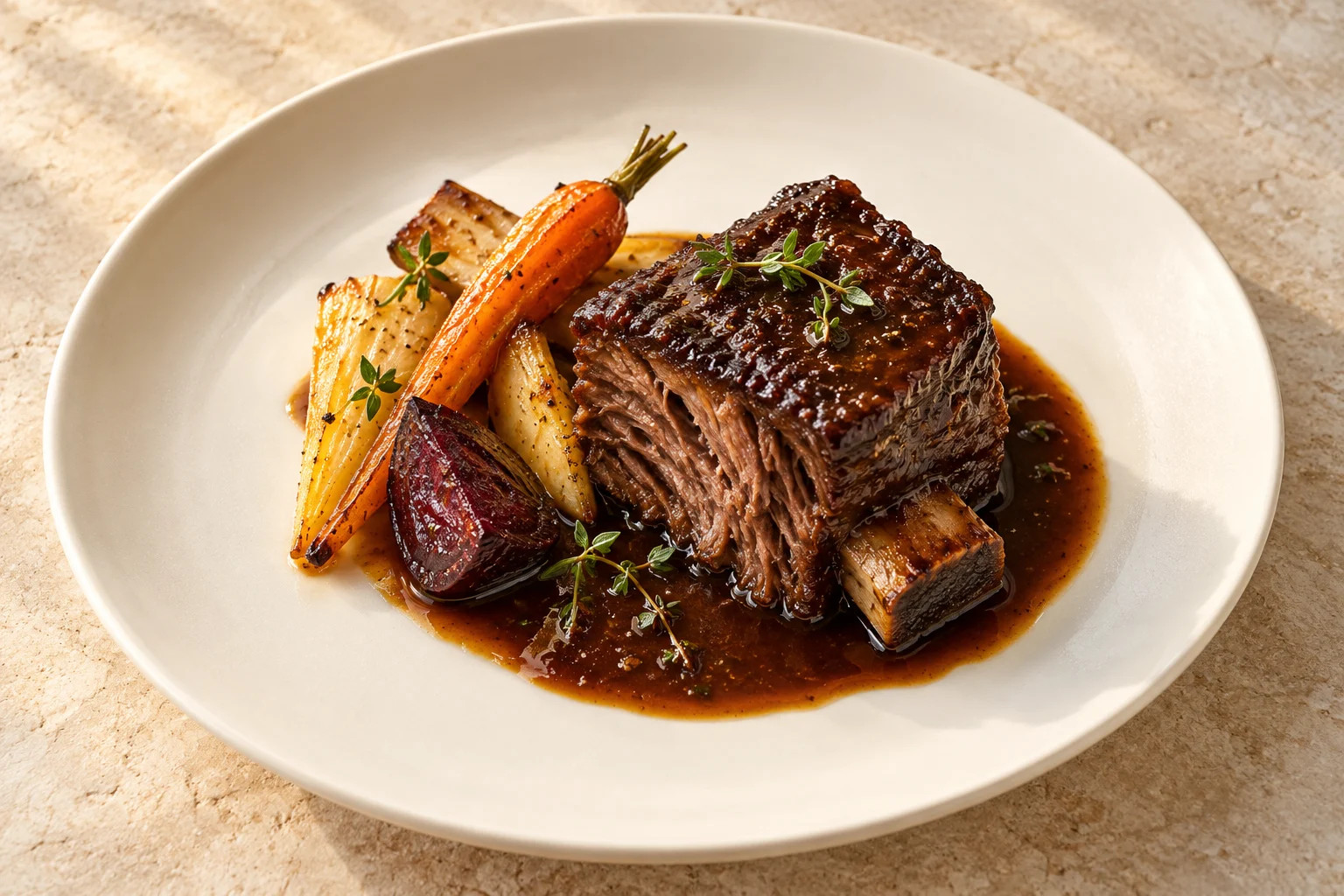 Slow-cooked beef · Roasted root vegetables & red wine jus · Riva