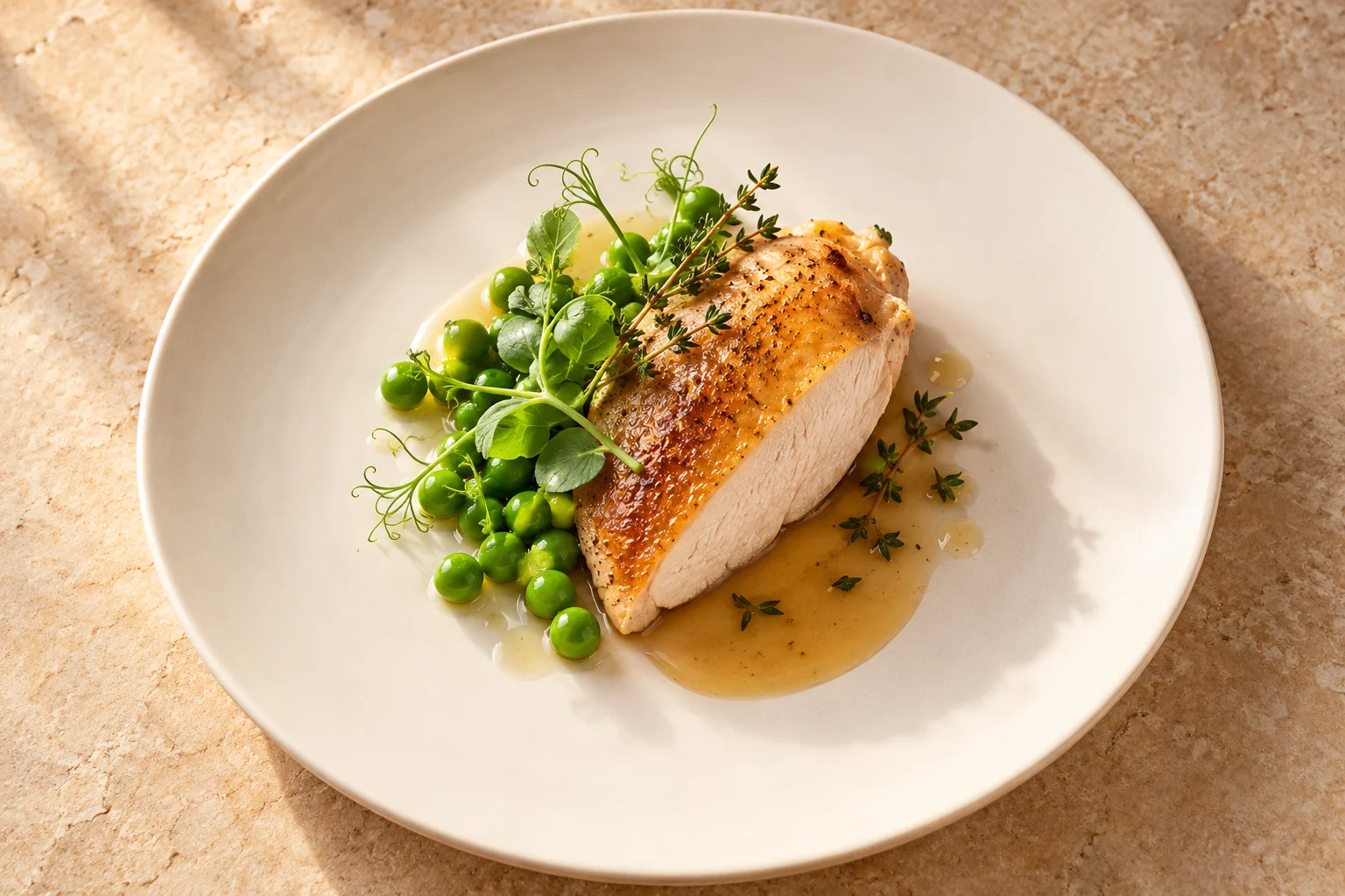 Guinea fowl · Spring peas, fresh herbs & pan jus · Riva