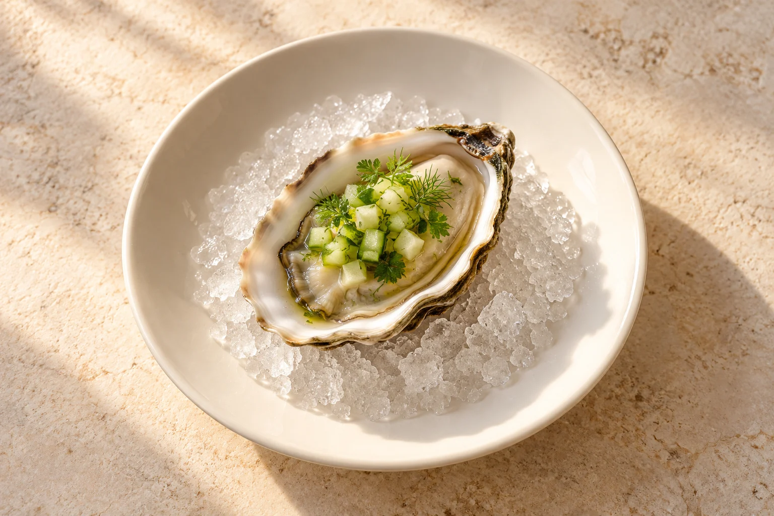 Lagoon oyster · Cucumber, green apple & sea herbs · Riva