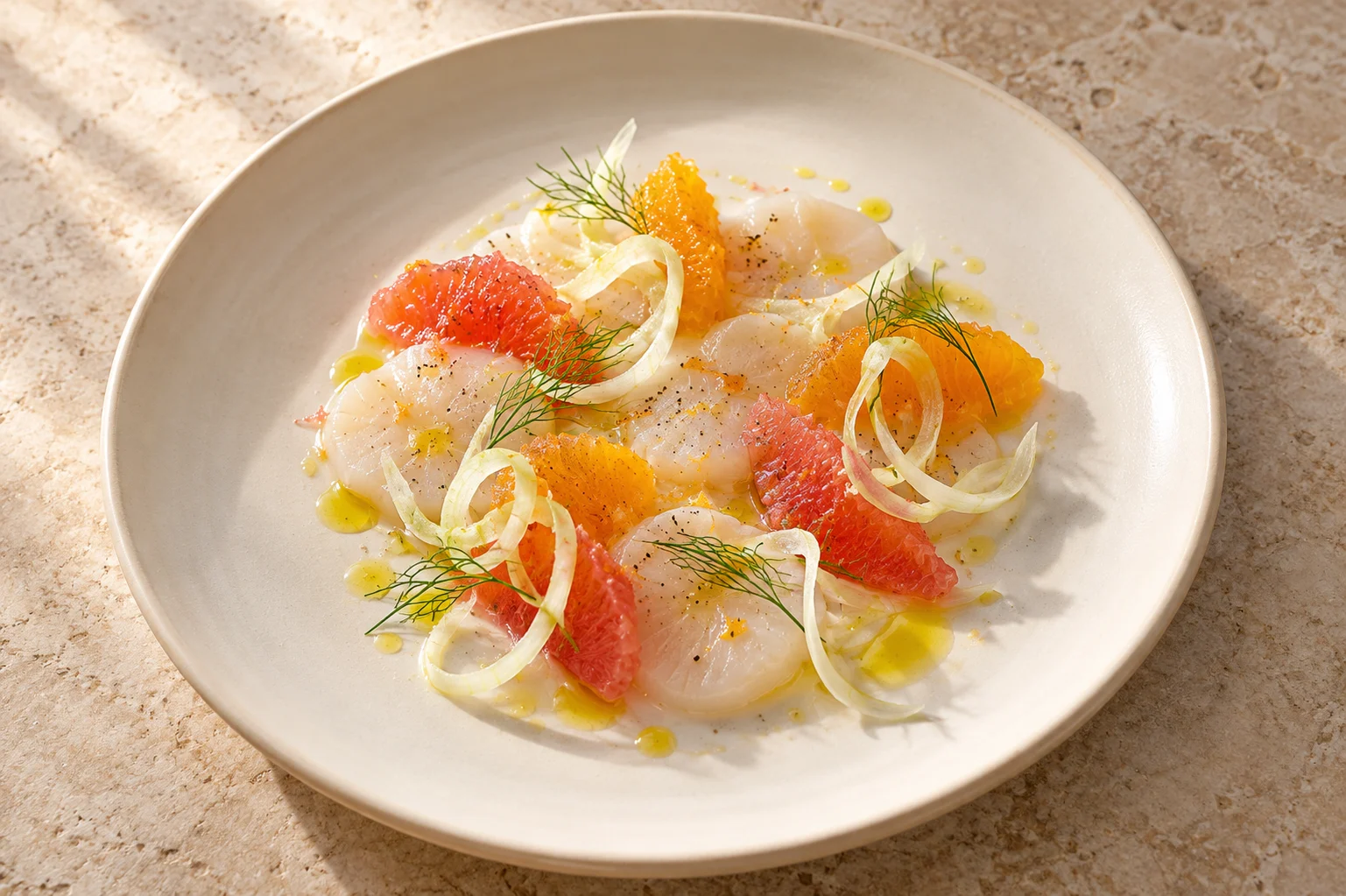 Scallop crudo · Citrus, fennel pollen & delicate chilli · Riva