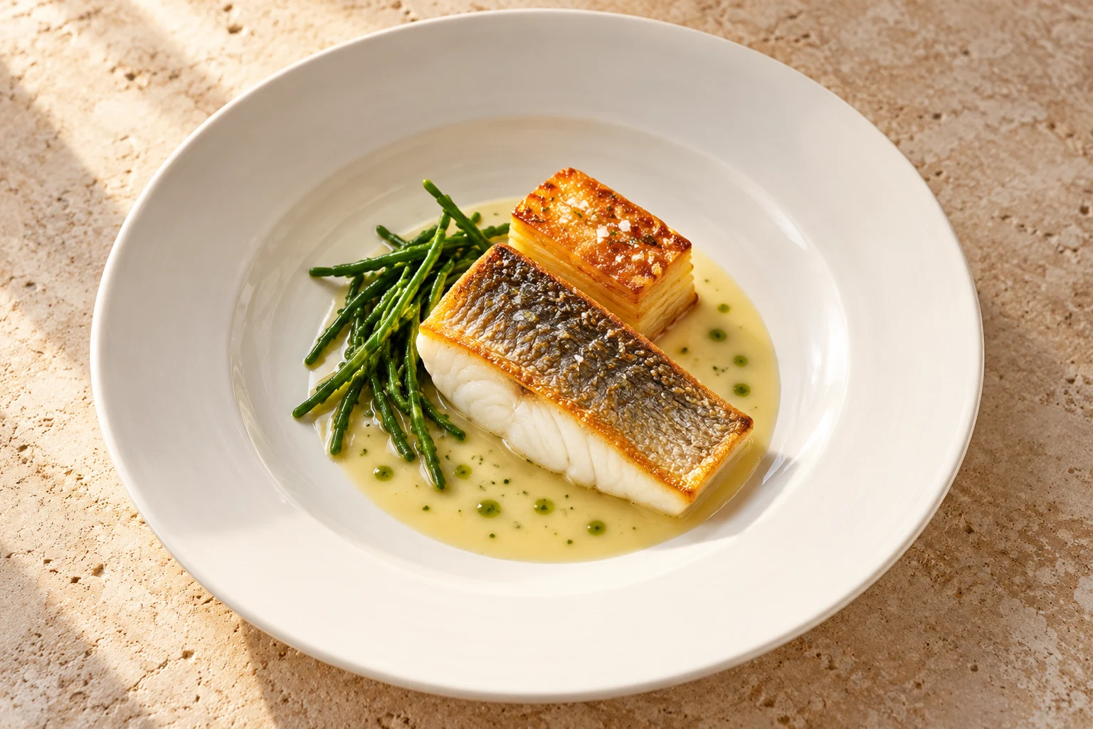 Wild sea bass · Sea vegetables, potato & white wine · Riva