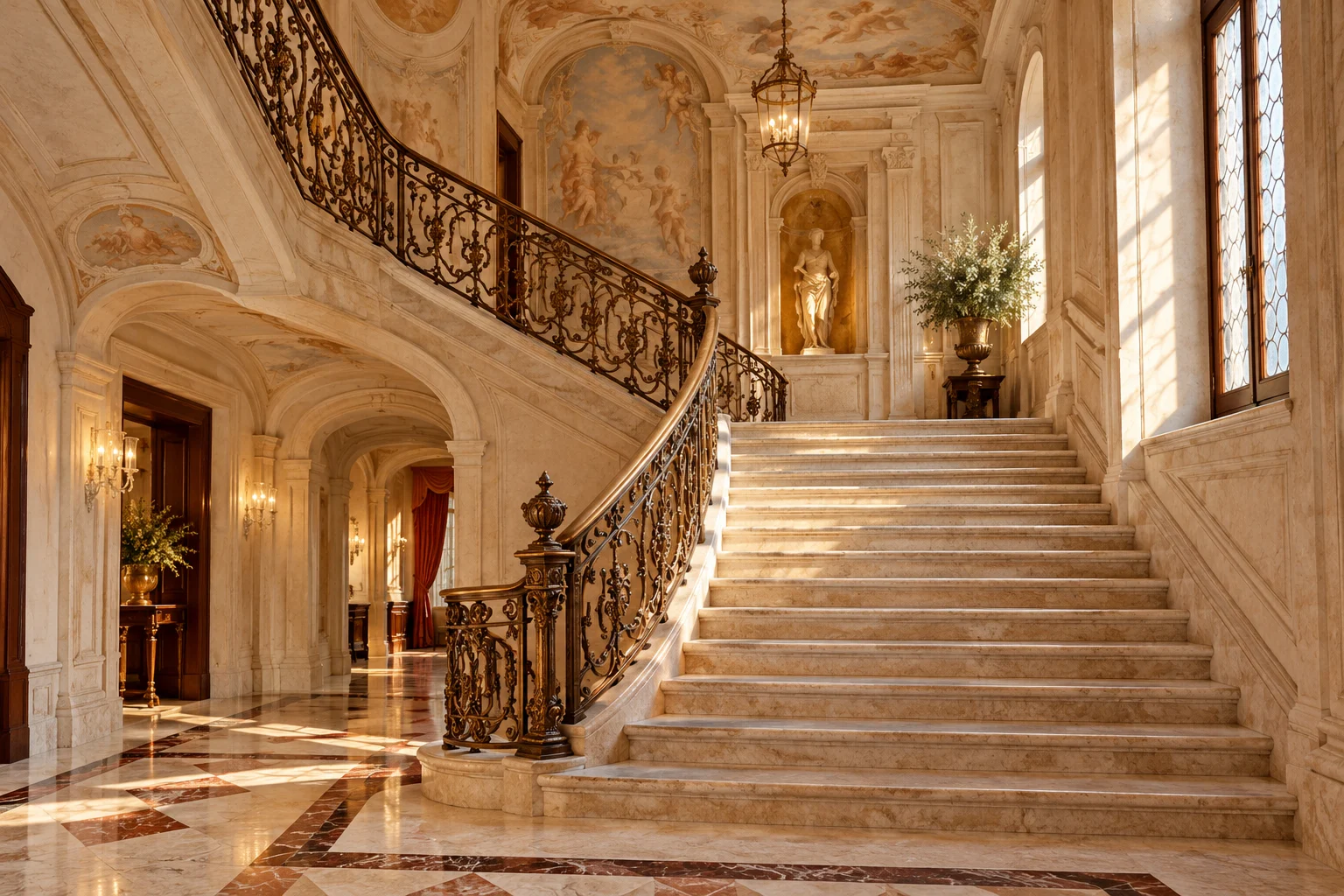 A restored stone staircase and softly lit entrance