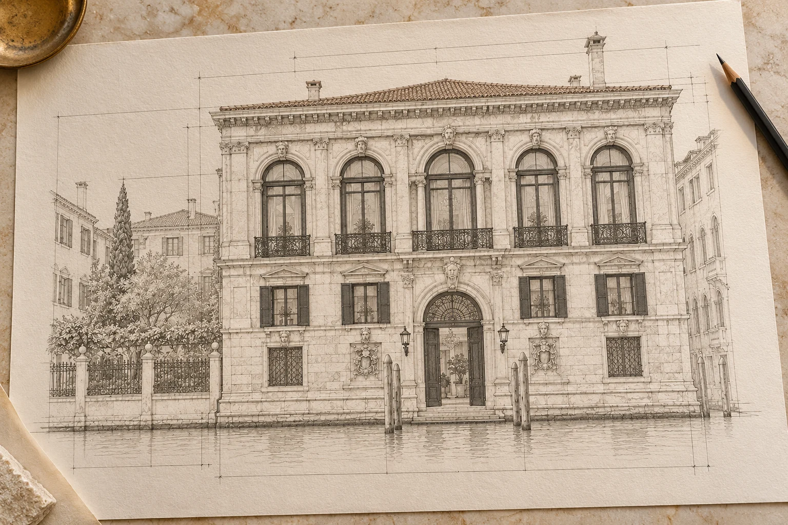 An architectural restoration drawing for the imagined palazzo