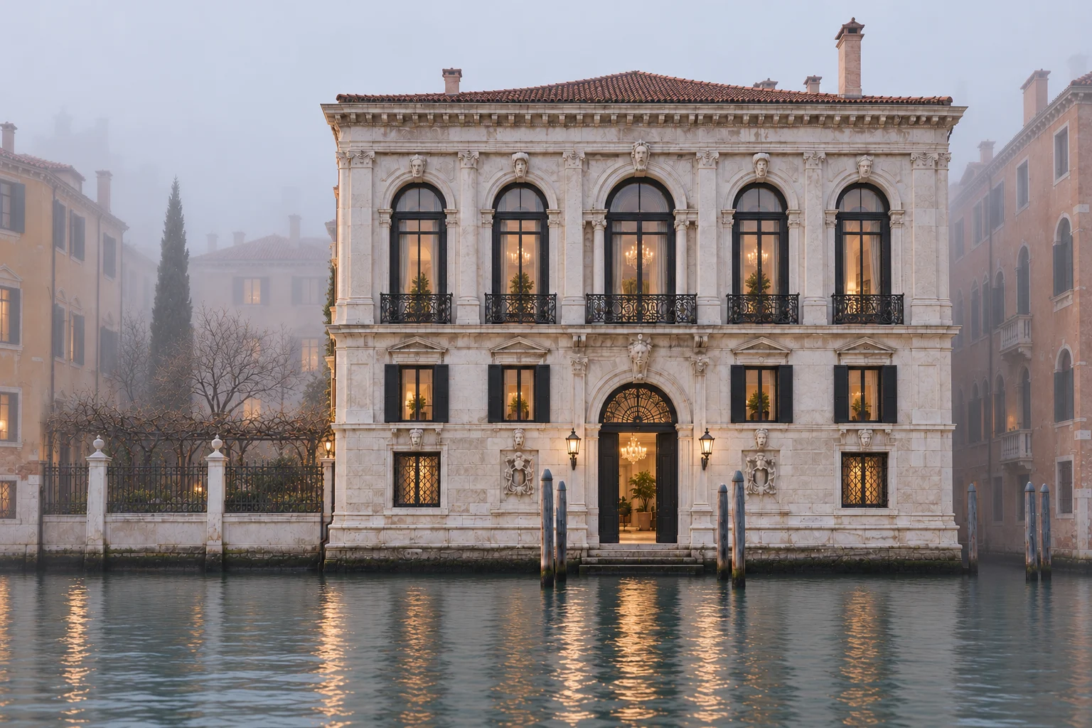 The palazzo reflected in a winter canal
