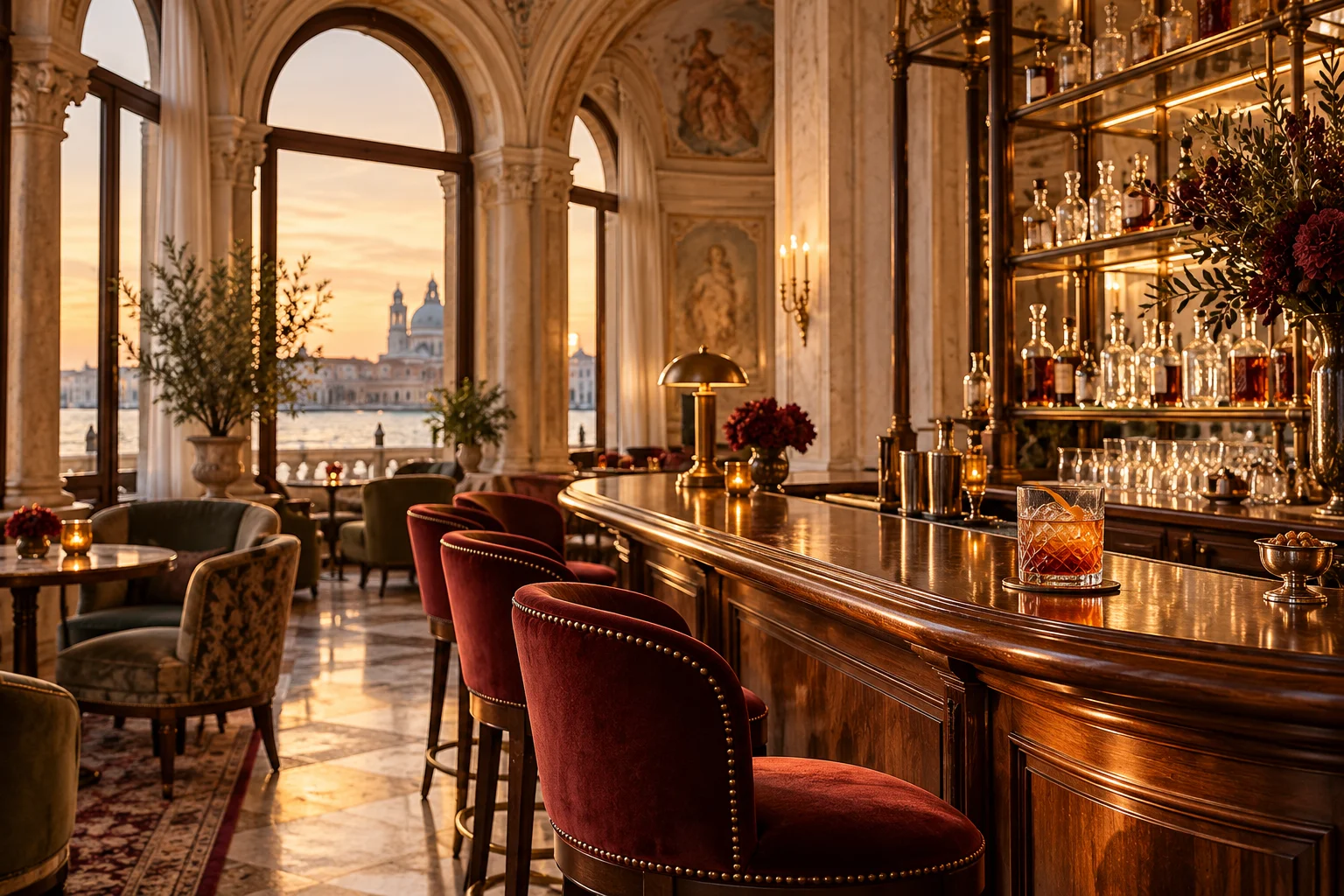 Warm bronze light in the Riva aperitivo bar