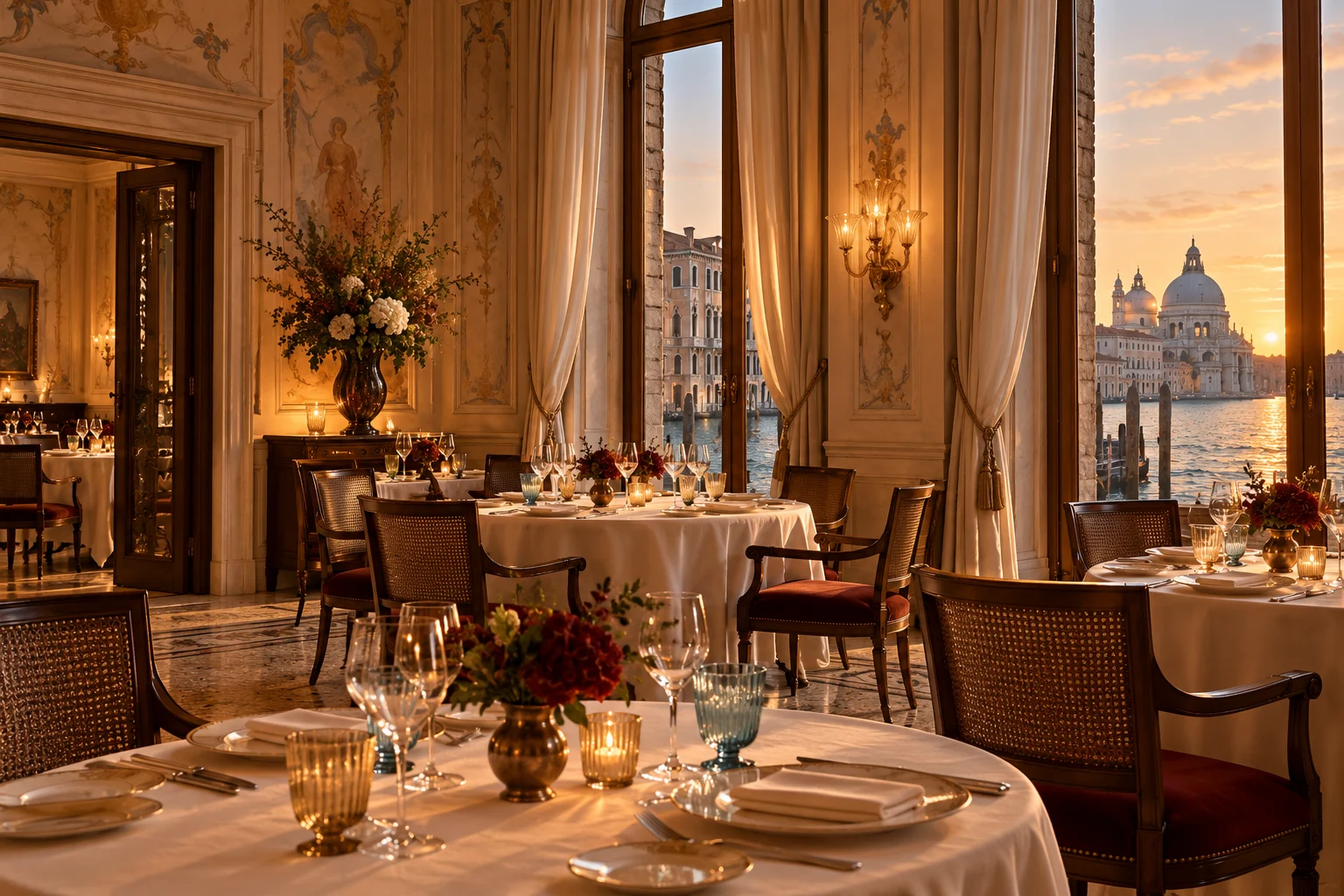 Candlelight and Venetian architecture in the Riva dining room
