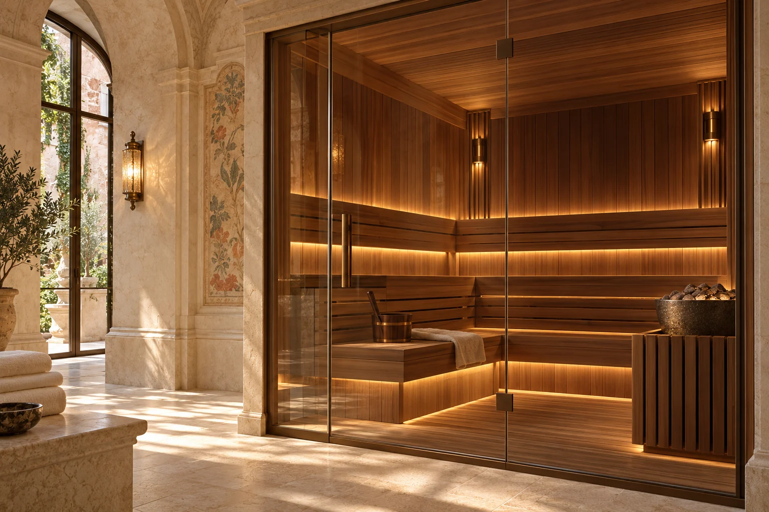 Warm timber and gentle light in the sauna