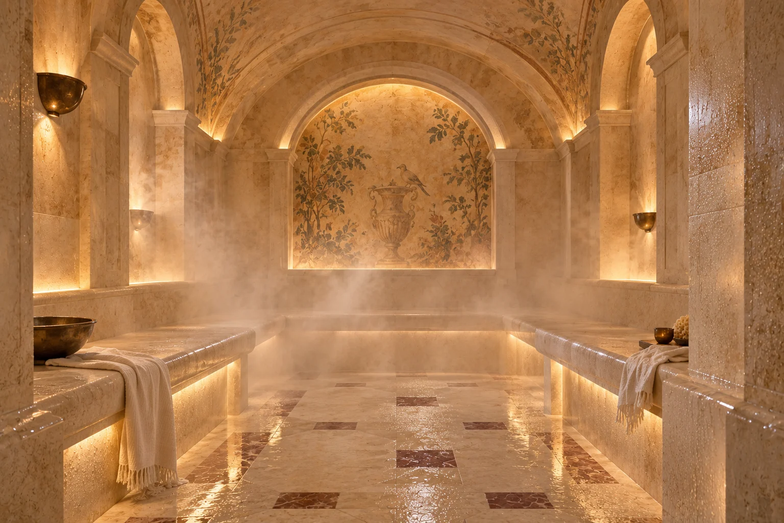 Pale stone and soft mist in the steam room