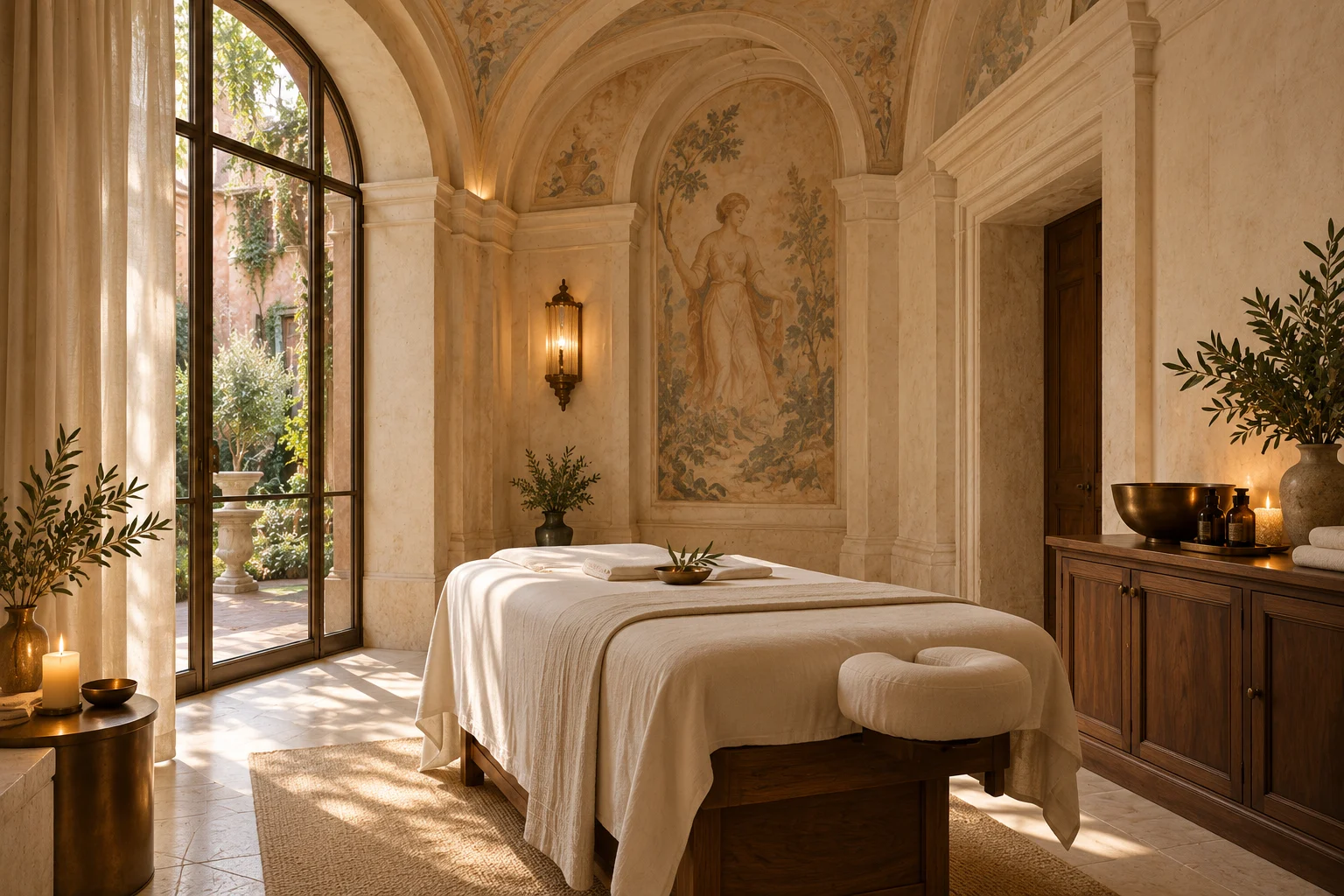 An intimate treatment room with warm linen