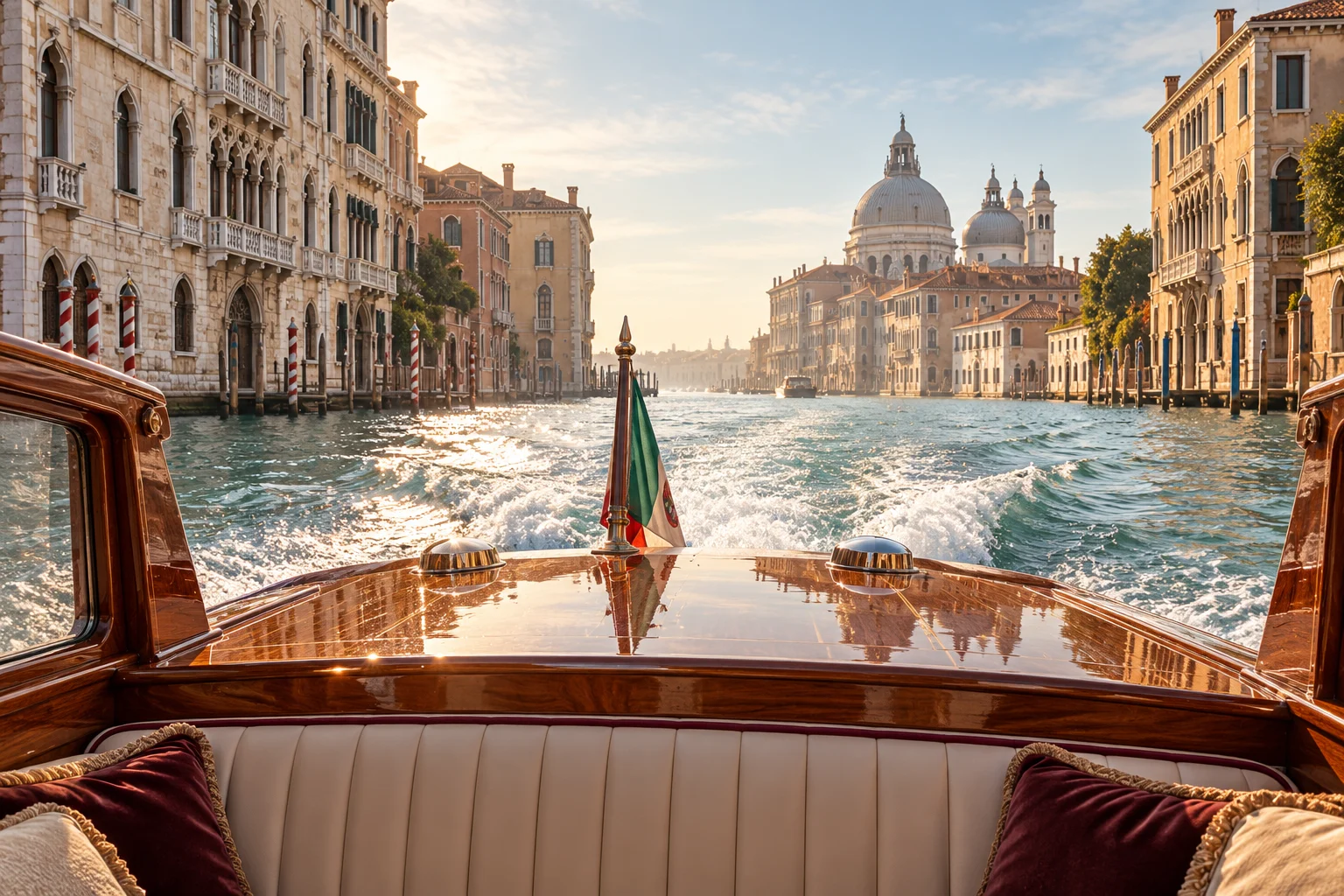 A private boat passing along a quiet Venetian canal